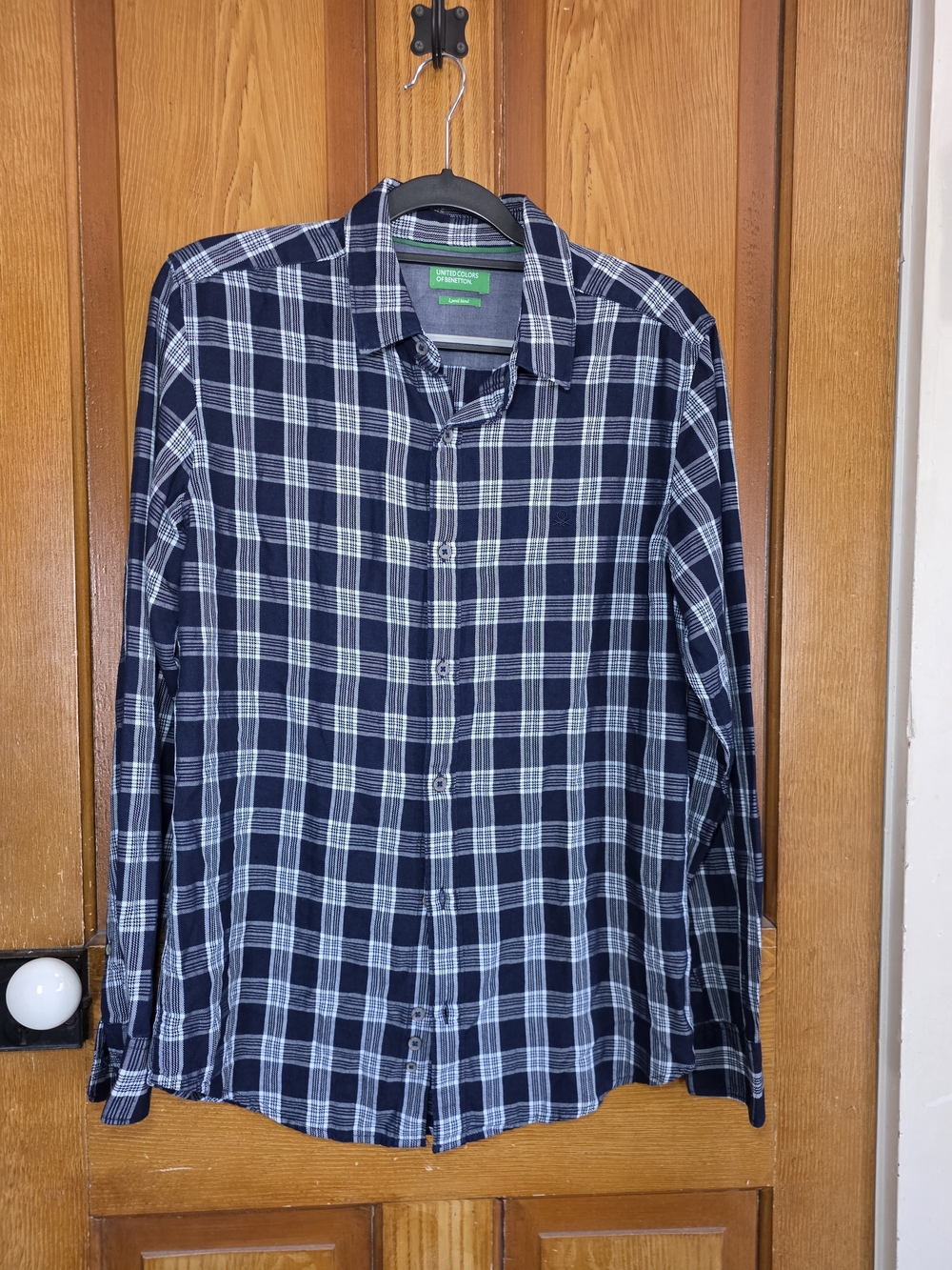 United Colors Of Benetton Navy and White Plaid Long-Sleeve Button-Down Shirt